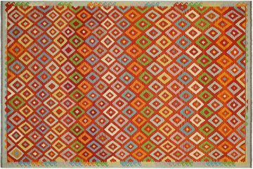Flat Weave Kilim, Antique, Navaho, Vintage, Handmade, Modern Kilim Rust Blue Hand-Woven Rectangle 100% Wool Area Rug 8 x 11